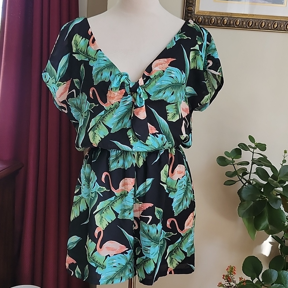 AS U WISH Tropical Flamingo Print Romper, M